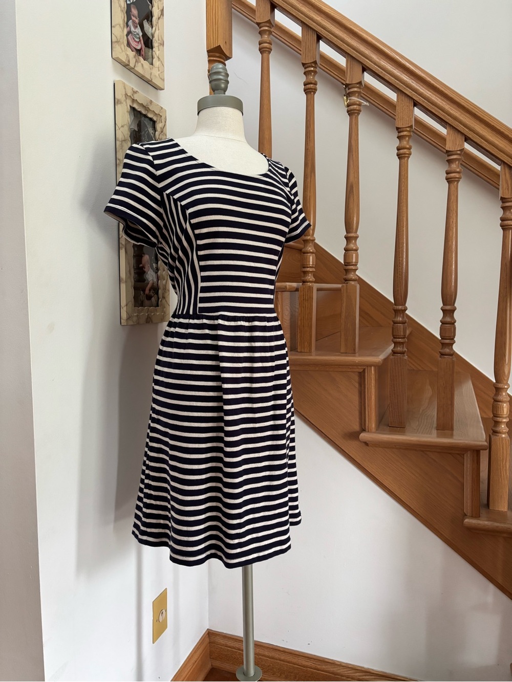 LOFT Navy and White Striped A-Line Cotton Dress